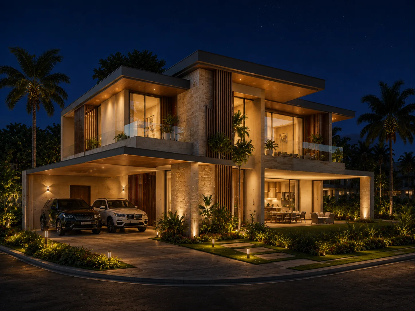 Vista nocturna de la villa