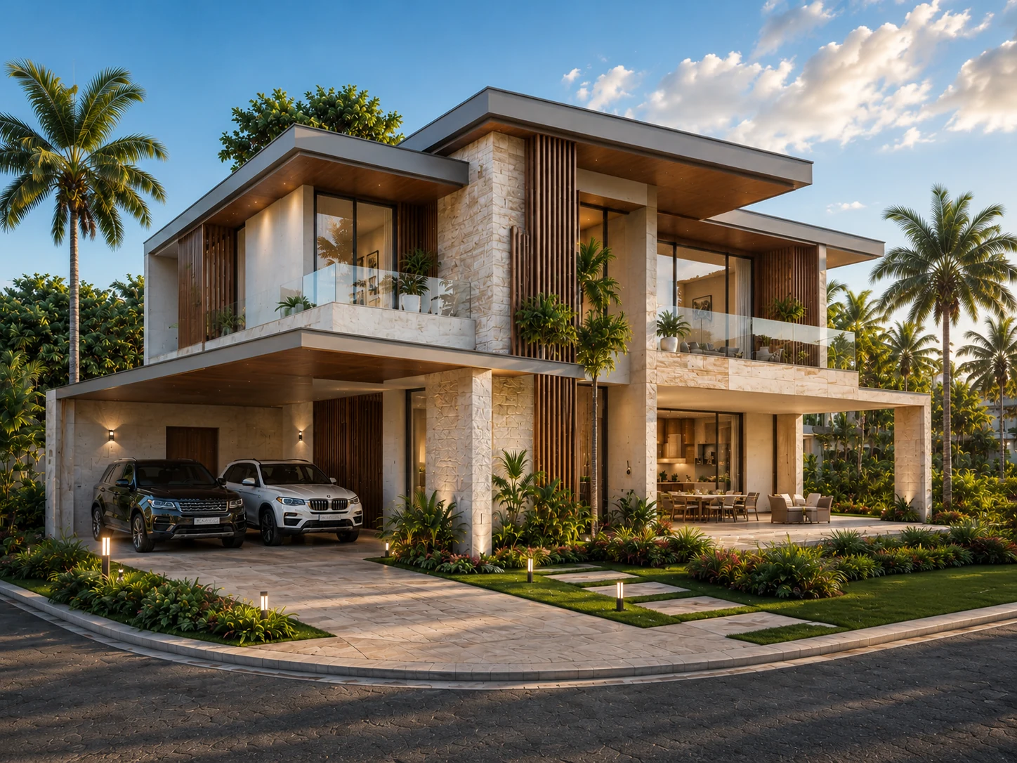Render exterior de una villa tropical contemporánea diseñada por Grupo Socaefi